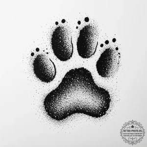 A close-up of a dog’s paw print in wet sand.,… — эскиз тату (№1754349749_0, 04.08.2025 23:22) — tattoo-photo.ru