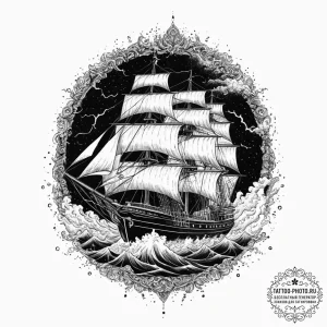 Tattoo sketch a ship sailing into a powerful... - эскиз тату (№1754351761_0, 04.08.2025 23:56) — tattoo-photo.ru