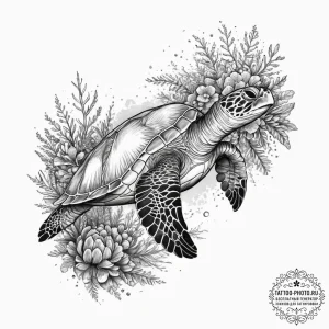 A sea turtle gracefully swimming over a vibra... - эскиз тату (№1754392769_0, 05.08.2025 11:19) — tattoo-photo.ru