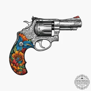 Revolver, ink illustration for tattoo, vibran... - эскиз тату (№1754395616_0, 05.08.2025 12:06) — tattoo-photo.ru