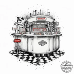A photo of a bustling 1950s american diner wi... - эскиз тату (№1754399104_0, 05.08.2025 13:05) — tattoo-photo.ru