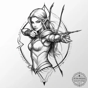 Elven archer, concept art for tattoo, on a cl... - эскиз тату (№1754413732_0, 05.08.2025 17:08) — tattoo-photo.ru