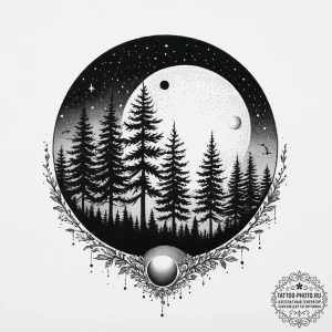Tattoo design a forest silhouette with a sing... - эскиз тату (№1754436385_0, 05.08.2025 23:26) — tattoo-photo.ru