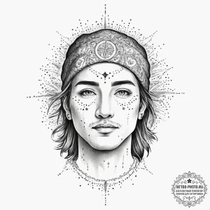 Tattoo sketch: a portrait of dazhbog, his fac... - эскиз тату (№1754493612_0, 06.08.2025 15:20) — tattoo-photo.ru