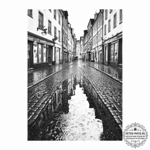 A rain-slicked cobblestone street in a histor... - эскиз тату (№1754502838_0, 06.08.2025 17:53) — tattoo-photo.ru