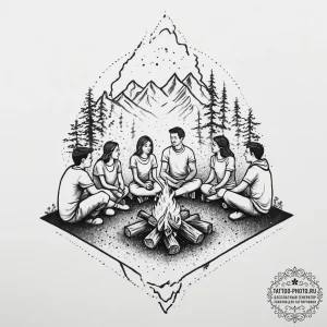 A group of people around a campfire, telling... - эскиз тату (№1754509192_0, 06.08.2025 19:39) — tattoo-photo.ru