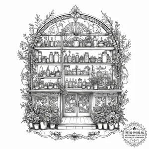 The interior of a vibrant, busy flower shop.,... - эскиз тату (№1754510215_0, 06.08.2025 19:56) — tattoo-photo.ru