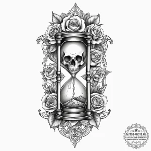 An hourglass filled with city dust instead of... - эскиз тату (№1754511237_0, 06.08.2025 20:13) — tattoo-photo.ru