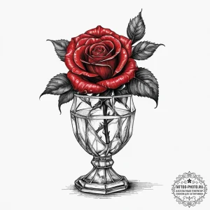 A single, perfect red rose in a crystal vase... - эскиз тату (№1754514720_0, 06.08.2025 21:12) — tattoo-photo.ru