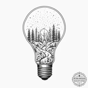 A lightbulb containing a tiny ecosystem, tatt... - эскиз тату (№1754515925_0, 06.08.2025 21:32) — tattoo-photo.ru