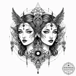 Tattoo sketch gemini figures as ancient shama... - эскиз тату (№1754516324_0, 06.08.2025 21:38) — tattoo-photo.ru