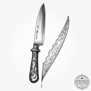 A close-up of a chef's knife, reflecting the... - эскиз тату (№1754517931_0, 06.08.2025 22:05) — tattoo-photo.ru