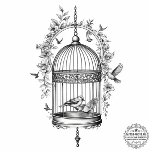 Open birdcage with birds flying out - эскиз тату (№1754581737_0, 07.08.2025 15:48) — tattoo-photo.ru