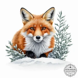 A red fox cautiously peeking out from behind... - эскиз тату (№1754583139_0, 07.08.2025 16:12) — tattoo-photo.ru