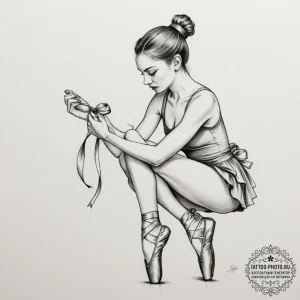 A ballerina tying the ribbons on her pointe s... - эскиз тату (№1754587349_0, 07.08.2025 17:22) — tattoo-photo.ru