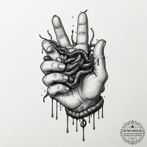 A child's hand holding a fistful of earthworm... - эскиз тату (№1754588155_0, 07.08.2025 17:35) — tattoo-photo.ru