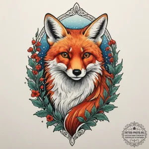 A red fox cautiously peeking out from behind... - эскиз тату (№1754588351_0, 07.08.2025 17:39) — tattoo-photo.ru