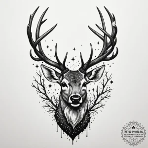 A deer with antlers made of dead branches and... - эскиз тату (№1754591947_0, 07.08.2025 18:39) — tattoo-photo.ru