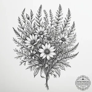 Tattoo design a cluster of wildflowers, each... - эскиз тату (№1754597466_0, 07.08.2025 20:11) — tattoo-photo.ru