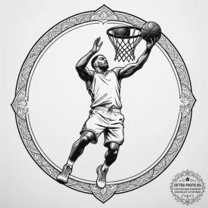 A low-angle shot of a basketball player dunki... - эскиз тату (№1754597663_0, 07.08.2025 20:14) — tattoo-photo.ru