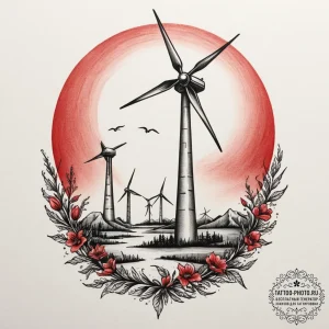 A wind turbine field at sunset., artistic tat... - эскиз тату (№1754603548_0, 07.08.2025 21:52) — tattoo-photo.ru
