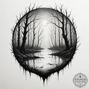 Tattoo design a dark, foggy swamp with myster... - эскиз тату (№1754605762_0, 07.08.2025 22:29) — tattoo-photo.ru