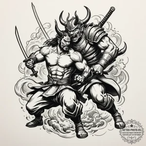 Samurai fighting an oni, tattoo line art, bol... - эскиз тату (№1754605961_0, 07.08.2025 22:32) — tattoo-photo.ru