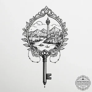 Tattoo sketch a key to a specific city or cou... - эскиз тату (№1754606357_0, 07.08.2025 22:39) — tattoo-photo.ru