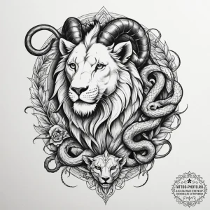 A chimera (lion, goat, snake) (is there, but... - эскиз тату (№1754609377_0, 07.08.2025 23:29) — tattoo-photo.ru