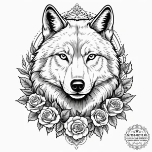 The intense, focused gaze of a wolf in a snow... - эскиз тату (№1754618668_0, 08.08.2025 02:04) — tattoo-photo.ru