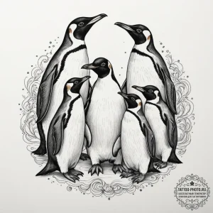 A group of penguins huddled together on an an... - эскиз тату (№1754620482_0, 08.08.2025 02:34) — tattoo-photo.ru