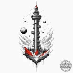 A space elevator, ink illustration for tattoo... - эскиз тату (№1754623515_0, 08.08.2025 03:25) — tattoo-photo.ru