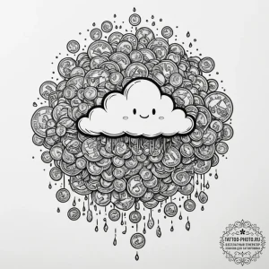 Tattoo sketch a pixelated cloud raining money... - эскиз тату (№1754626751_0, 08.08.2025 04:19) — tattoo-photo.ru