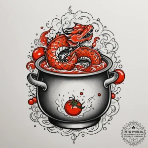 A close-up of a bubbling pot of tomato sauce... - эскиз тату (№1754629900_0, 08.08.2025 05:11) — tattoo-photo.ru