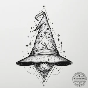 Tattoo design a wizard's hat with glowing sta... - эскиз тату (№1754630099_0, 08.08.2025 05:14) — tattoo-photo.ru