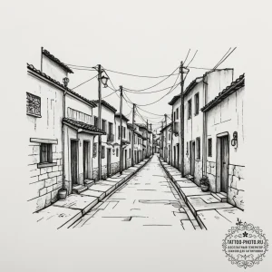 A narrow, colorful street in a mexican villag... - эскиз тату (№1754633669_0, 08.08.2025 06:14) — tattoo-photo.ru