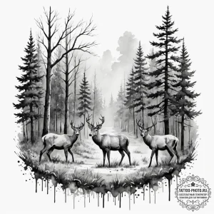 A small herd of deer grazing in a forest clea... - эскиз тату (№1754635061_0, 08.08.2025 06:37) — tattoo-photo.ru