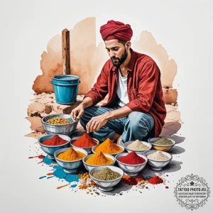 A photo of a street vendor in marrakech, arra... - эскиз тату (№1754635457_0, 08.08.2025 06:44) — tattoo-photo.ru