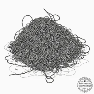 A pile of colorful, discarded fishing nets on... - эскиз тату (№1754636051_0, 08.08.2025 06:54) — tattoo-photo.ru