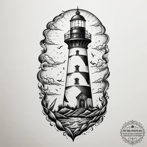 The view from a lighthouse lantern room on a... - эскиз тату (№1754638435_0, 08.08.2025 07:33) — tattoo-photo.ru