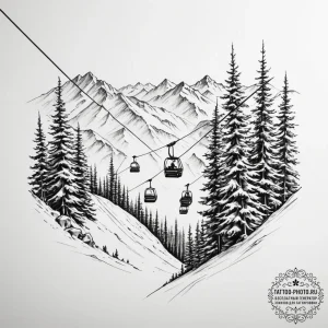 The view from a ski lift, looking down at ski... - эскиз тату (№1754644991_0, 08.08.2025 09:23) — tattoo-photo.ru