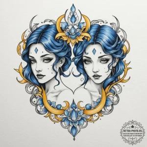 Tattoo sketch gemini twins, one a cool blue,... - эскиз тату (№1754645787_0, 08.08.2025 09:36) — tattoo-photo.ru