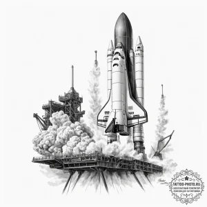 A space shuttle on the launchpad, steam billo… — эскиз тату (№1754662040_0, 08.08.2025 14:07) — tattoo-photo.ru