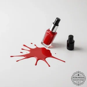 A spilled bottle of red nail polish on a whit… — эскиз тату (№1754662634_0, 08.08.2025 14:17) — tattoo-photo.ru