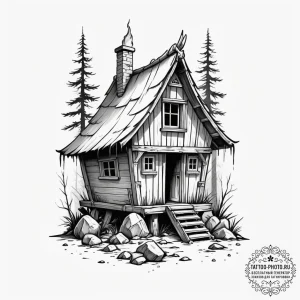 Baba yaga's hut on chicken legs, tattoo flash... - эскиз тату (№1754670199_0, 08.08.2025 16:23) — tattoo-photo.ru