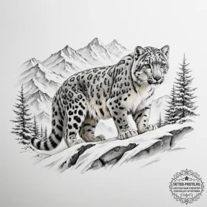 A snow leopard in the mountains (is there, bu... - эскиз тату (№1754671378_0, 08.08.2025 16:42) — tattoo-photo.ru