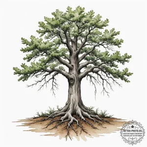 Tattoo design a single, strong oak tree with... - эскиз тату (№1754674343_0, 08.08.2025 17:32) — tattoo-photo.ru