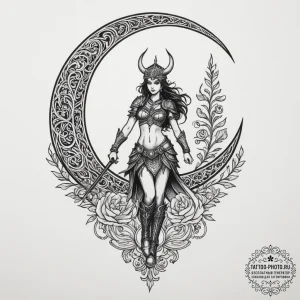Tattoo design a crescent moon with a warrior'... - эскиз тату (№1754676750_0, 08.08.2025 18:12) — tattoo-photo.ru