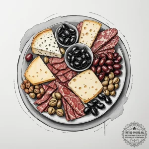 A charcuterie board with a variety of cheeses... - эскиз тату (№1754680163_0, 08.08.2025 19:09) — tattoo-photo.ru
