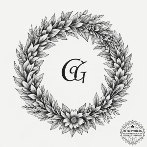 Tattoo design 'gg' surrounded by a winner's w... - эскиз тату (№1754681374_0, 08.08.2025 19:29) — tattoo-photo.ru